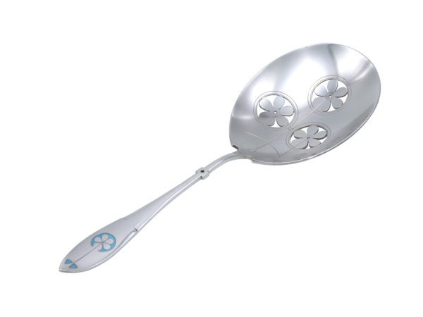 Zilveren natfruitlepel met turkoois emaille uit 1906