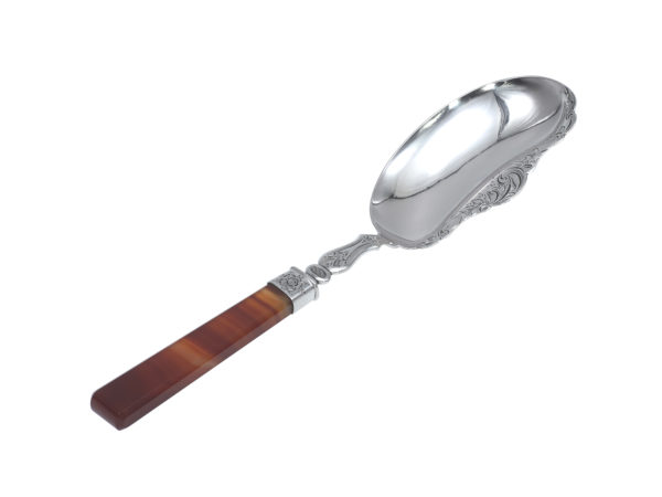 Zilveren dienlepel met gravering en agaten heft uit 1864