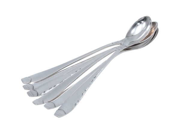 6 zilveren longdrinklepels model 3824 met gehamerde steel uit 1930