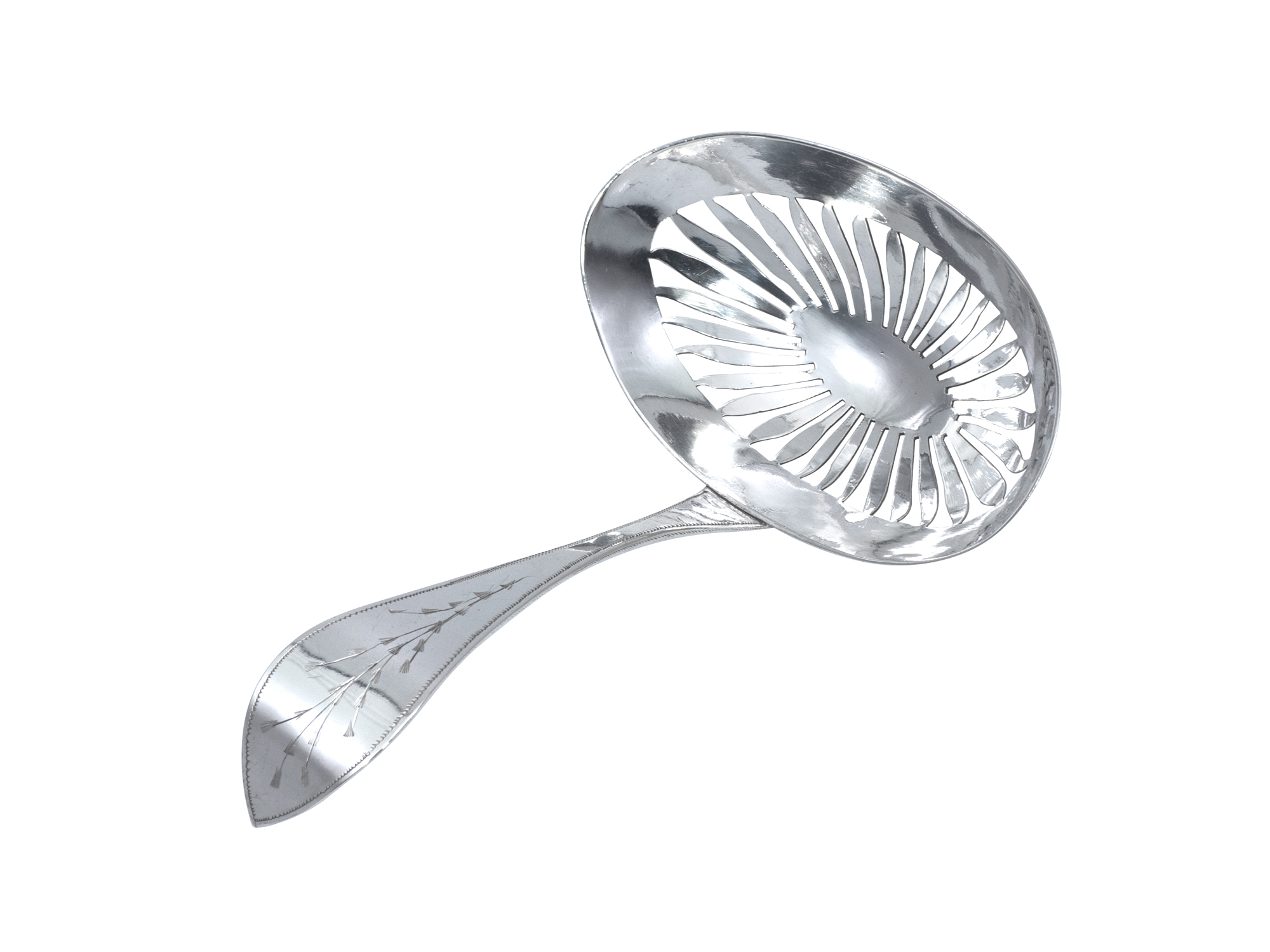 Zilveren suikerstrooilepel met gravering ca. 1800