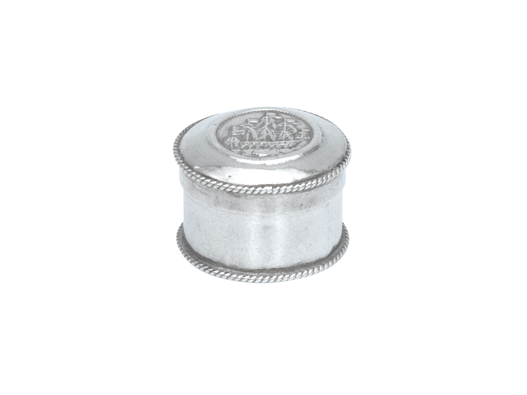 Zilveren doosje met afbeelding van VOC driemaster 18e eeuw