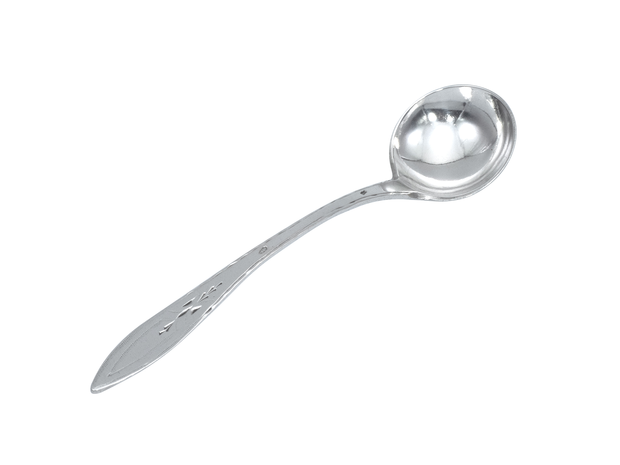 Zilveren mosterdlepel met gravering ca. 1800